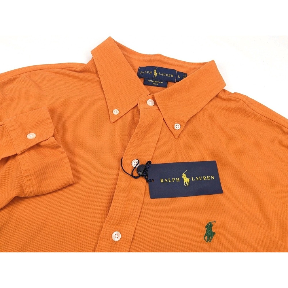 Ralph Lauren Featherweight Mesh Mens LG Shirt Orange Long Sleeve Green Pony